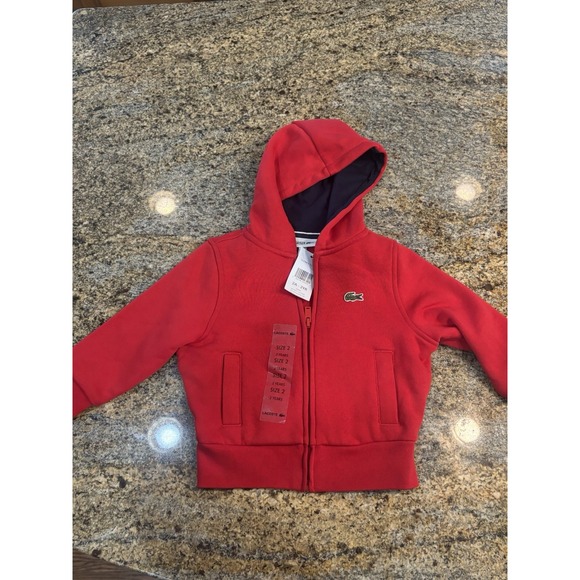 NWT Lacoste‎ Kids Sport Tennis Zippered Fleece Sweatshirt Red/Navy Blue Sz 2 - Picture 1 of 5